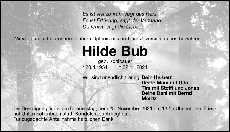  Traueranzeige für Hilde Bub vom 23.11.2021 aus Schwabacher Tagblatt Lokal