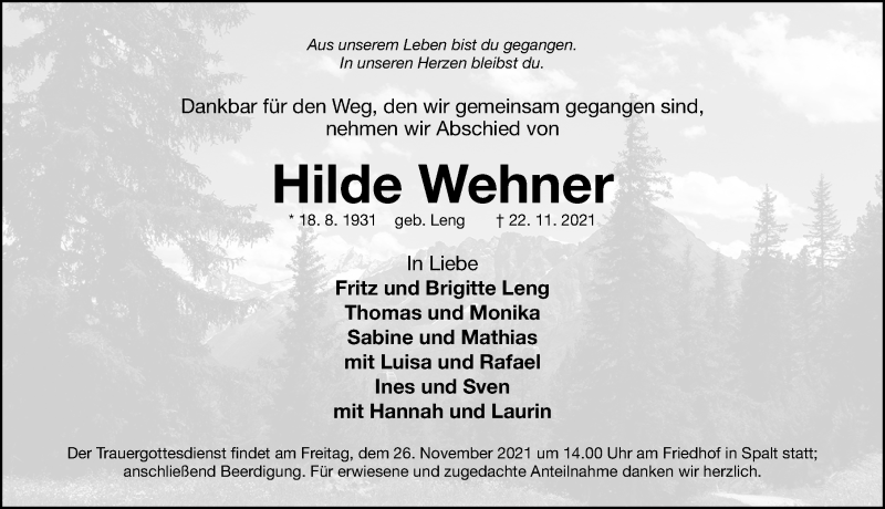  Traueranzeige für Hilde Wehner vom 24.11.2021 aus Roth-Hilpoltsteiner Volkszeitung Lokal