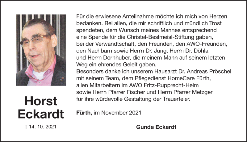  Traueranzeige für Horst Eckardt vom 13.11.2021 aus Fürther Nachrichten Lokal
