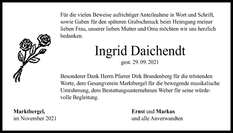  Traueranzeige für Ingrid Daichendt vom 05.11.2021 aus Windsheimer Zeitung Lokal