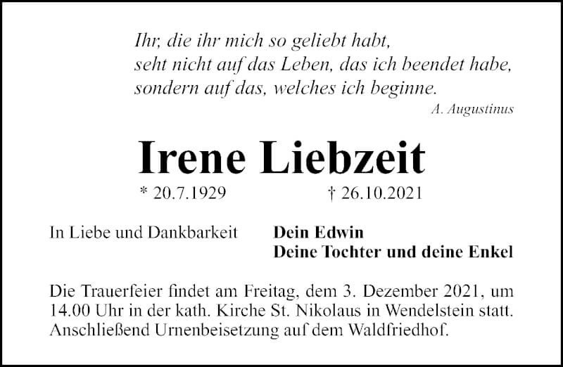  Traueranzeige für Irene Liebzeit vom 29.11.2021 aus Schwabacher Tagblatt Lokal