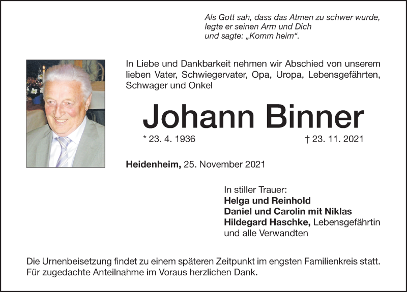  Traueranzeige für Johann Binner vom 25.11.2021 aus Altmühl-Bote Lokal
