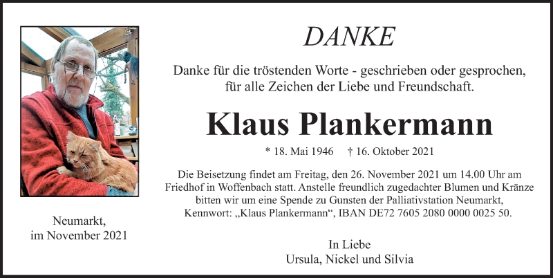  Traueranzeige für Klaus Plankermann vom 20.11.2021 aus Neumarkter Nachrichten Lokal
