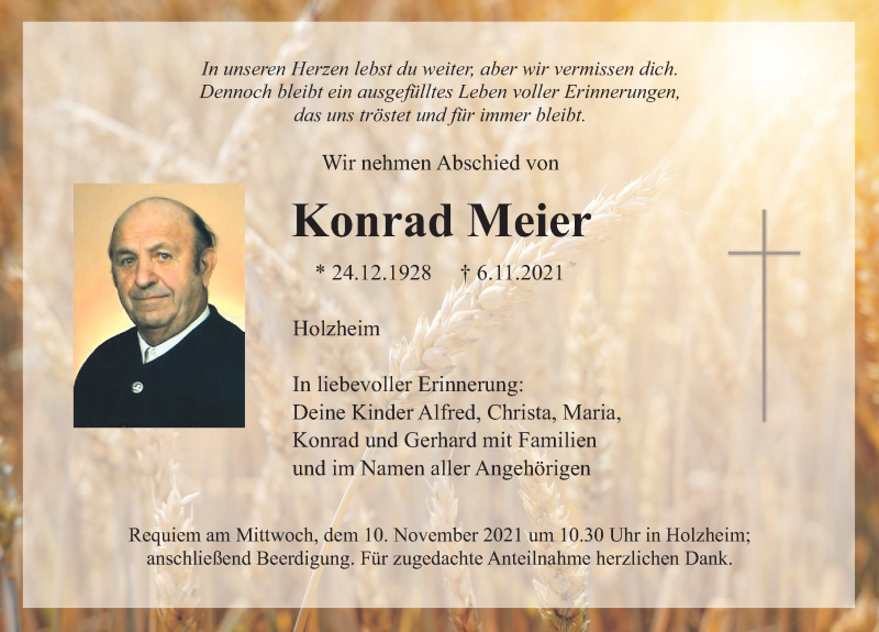  Traueranzeige für Konrad Meier vom 08.11.2021 aus Neumarkter Nachrichten Lokal