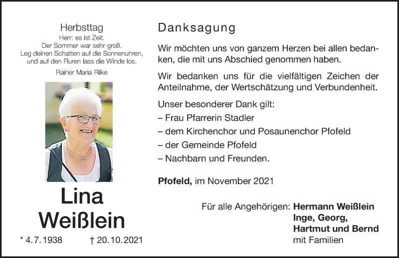  Traueranzeige für Lina Weißlein vom 13.11.2021 aus Altmühl-Bote Lokal