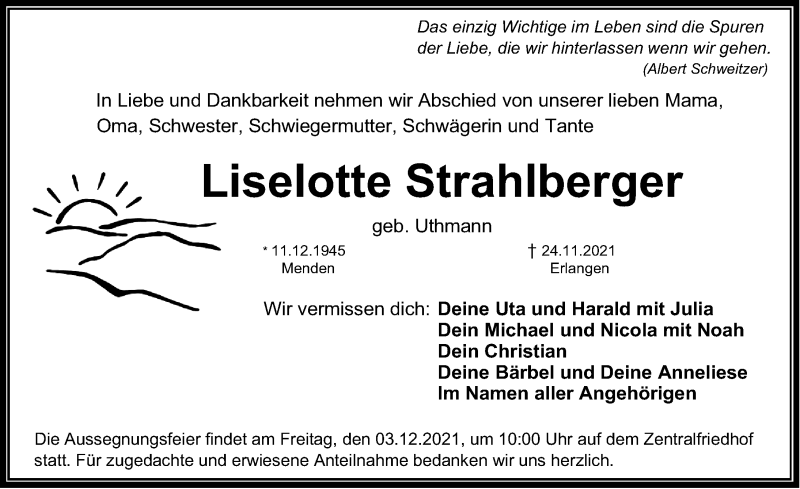  Traueranzeige für Liselotte Strahlberger vom 30.11.2021 aus Erlanger Nachrichten Lokal