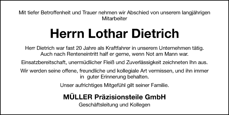  Traueranzeige für Lothar Dietrich vom 26.11.2021 aus Neumarkter Nachrichten Lokal