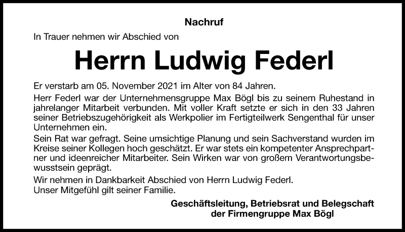  Traueranzeige für Ludwig Federl vom 10.11.2021 aus Neumarkter Nachrichten Lokal