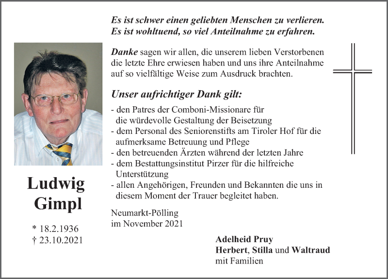  Traueranzeige für Ludwig Gimpl vom 06.11.2021 aus Neumarkter Nachrichten Lokal