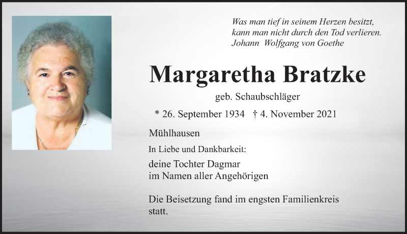  Traueranzeige für Margaretha Bratzke vom 10.11.2021 aus Neumarkter Nachrichten Lokal
