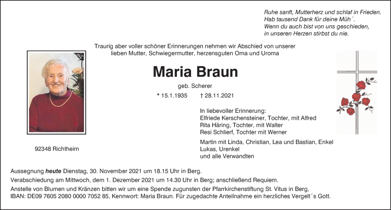  Traueranzeige für Maria Braun vom 30.11.2021 aus Neumarkter Nachrichten Lokal