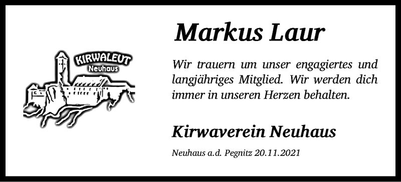  Traueranzeige für Markus Laur vom 20.11.2021 aus Nordbayerische Nachrichten Pegnitz Lokal