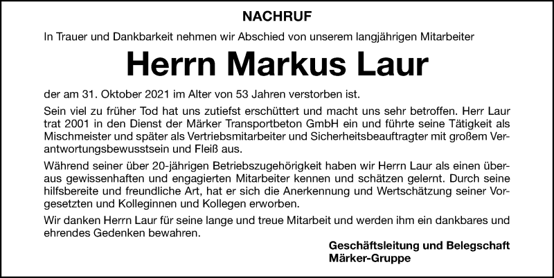  Traueranzeige für Markus Laur vom 20.11.2021 aus Nordbayerische Nachrichten Pegnitz Lokal