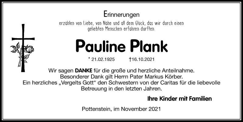  Traueranzeige für Pauline Plank vom 20.11.2021 aus Nordbayerische Nachrichten Pegnitz Lokal