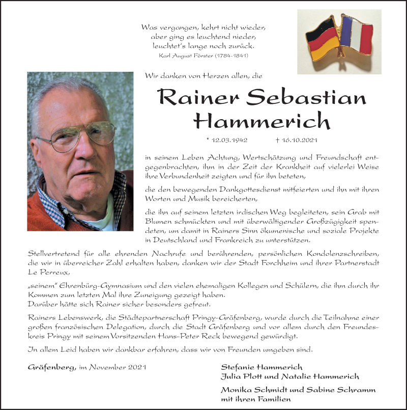  Traueranzeige für Rainer Sebastian Hammerich vom 13.11.2021 aus Nordbayerische Nachrichten Forchheim Lokal