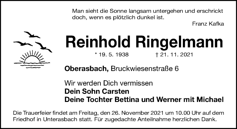  Traueranzeige für Reinhold Ringelmann vom 24.11.2021 aus Fürther Nachrichten Lokal