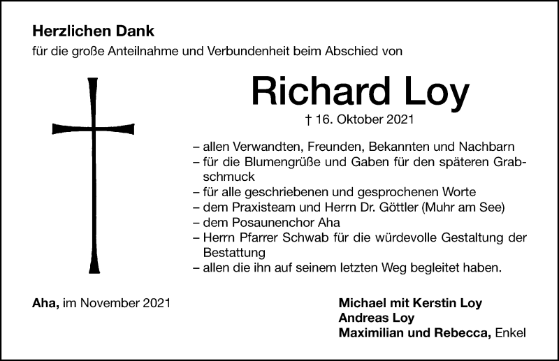  Traueranzeige für Richard Loy vom 06.11.2021 aus Altmühl-Bote Lokal