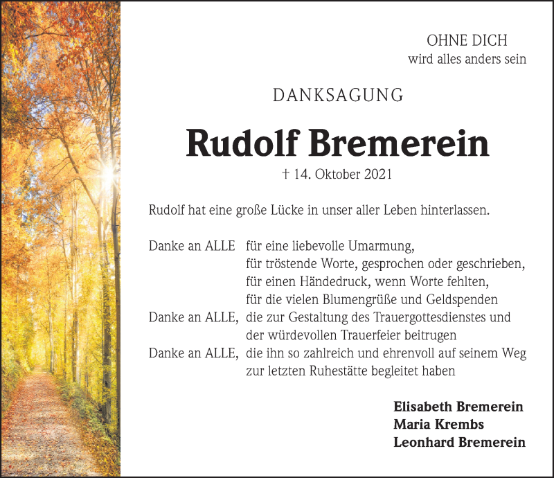  Traueranzeige für Rudolf Bremerein vom 06.11.2021 aus Nordbayerische Nachrichten Forchheim Lokal