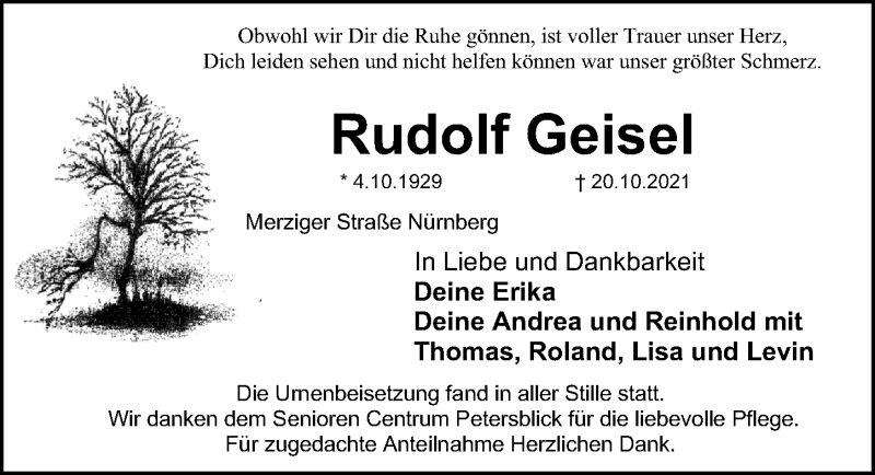  Traueranzeige für Rudolf Geisel vom 26.11.2021 aus Gesamtausgabe Nürnberger Nachrichten/ Nürnberger Ztg.