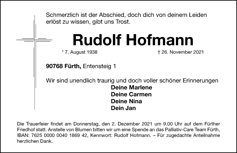  Traueranzeige für Rudolf Hofmann vom 30.11.2021 aus Fürther Nachrichten Lokal