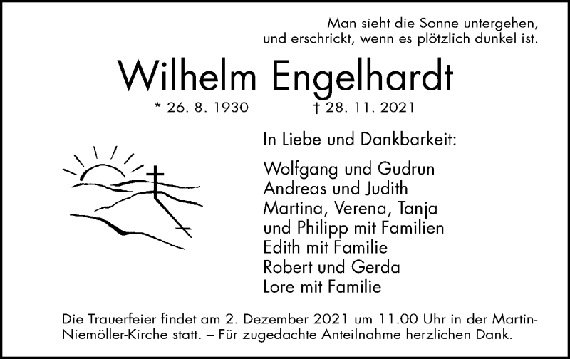  Traueranzeige für Wilhelm Engelhardt vom 30.11.2021 aus Gesamtausgabe Nürnberger Nachrichten/ Nürnberger Ztg.