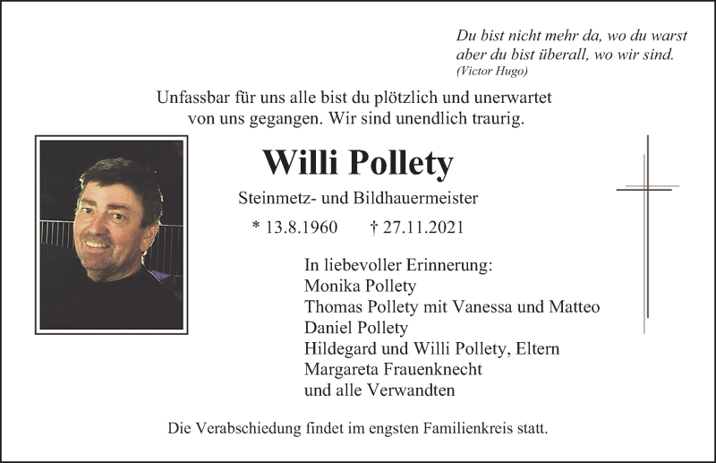  Traueranzeige für Willi Pollety vom 30.11.2021 aus Neumarkter Nachrichten Lokal