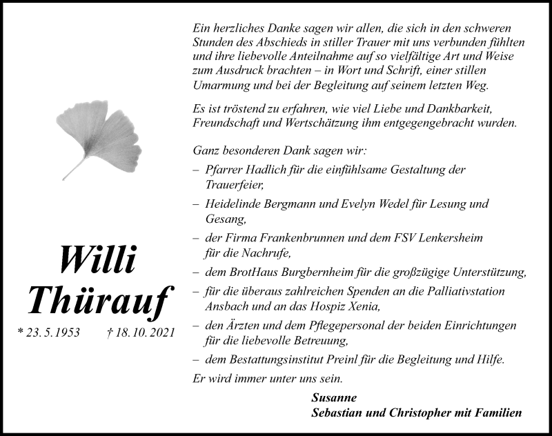  Traueranzeige für Willi Thürauf vom 06.11.2021 aus Windsheimer Zeitung Lokal