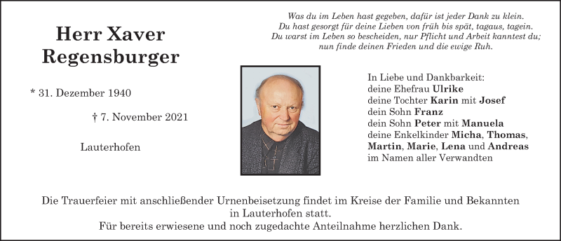 Traueranzeige für Xaver Regensburger vom 10.11.2021 aus Neumarkter Nachrichten Lokal