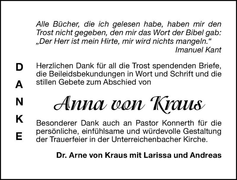  Traueranzeige für Anna von Kraus vom 24.12.2021 aus Schwabacher Tagblatt Lokal
