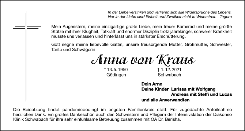  Traueranzeige für Anna von Kraus vom 04.12.2021 aus Schwabacher Tagblatt Lokal