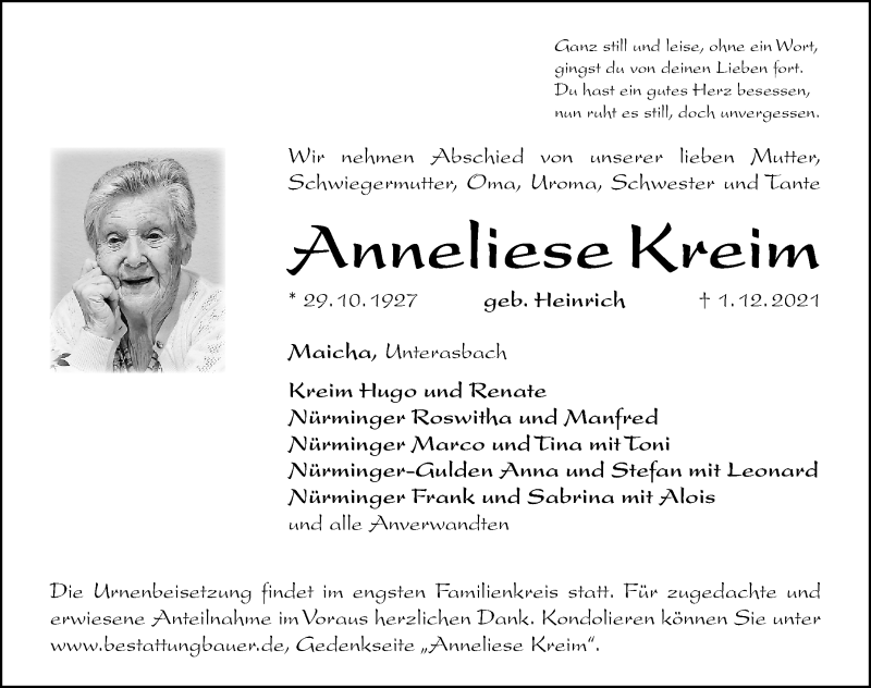  Traueranzeige für Anneliese Kreim vom 04.12.2021 aus Altmühl-Bote Lokal