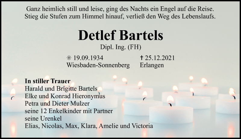  Traueranzeige für Detlef Bartels vom 31.12.2021 aus Gesamtausgabe Nürnberger Nachrichten/ Nürnberger Ztg./ Nordbayer. Nachrichten Herzogenaurach