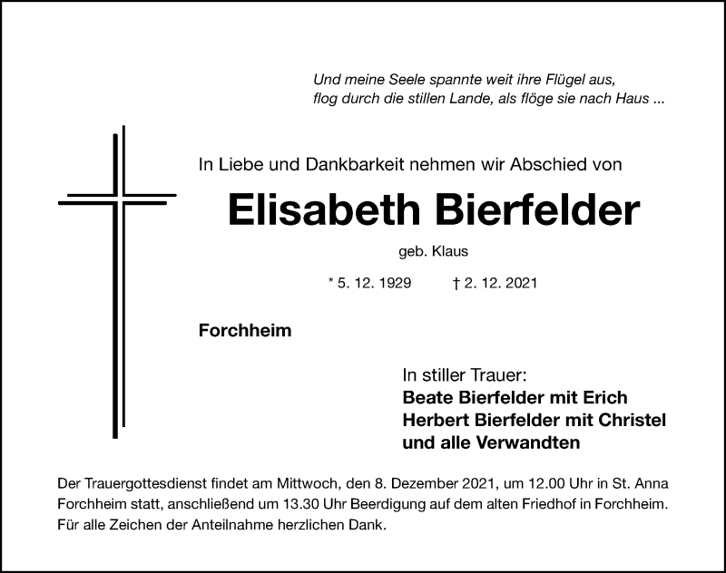  Traueranzeige für Elisabeth Bierfelder vom 04.12.2021 aus Nordbayerische Nachrichten Forchheim Lokal