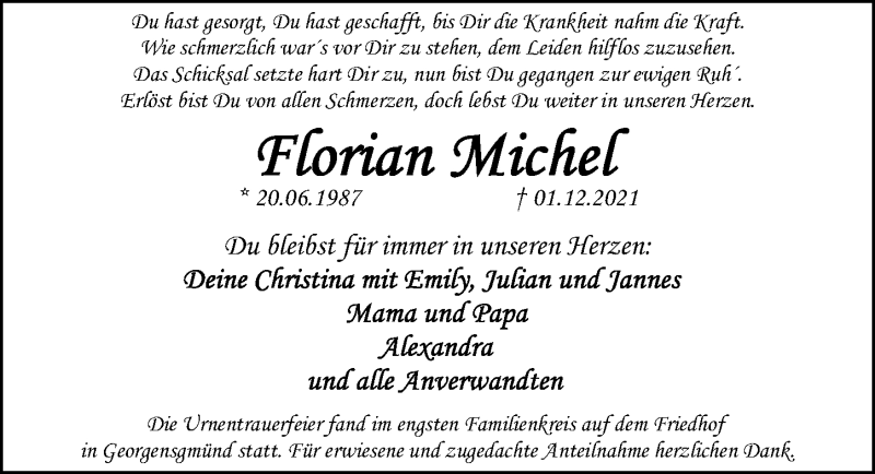  Traueranzeige für Florian Michel vom 22.12.2021 aus Roth-Hilpoltsteiner Volkszeitung Lokal