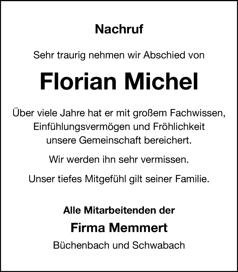  Traueranzeige für Florian Michel vom 22.12.2021 aus HST,HRHV