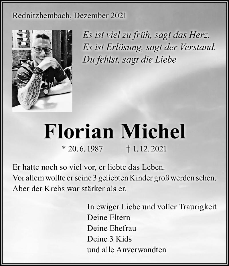  Traueranzeige für Florian Michel vom 04.12.2021 aus Schwabacher Tagblatt Lokal