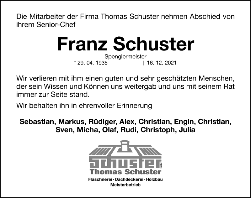  Traueranzeige für Franz Schuster vom 31.12.2021 aus Nordbayerische Nachrichten Forchheim Lokal