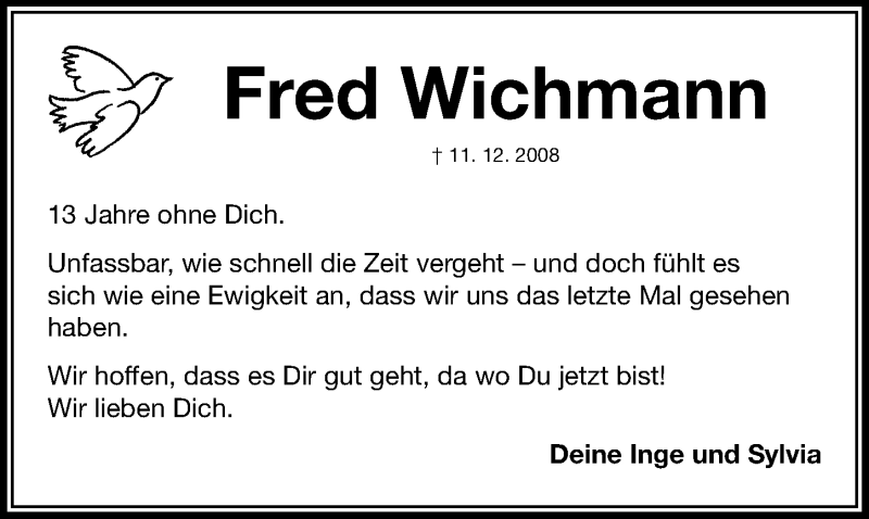  Traueranzeige für Fred Wichmann vom 11.12.2021 aus Erlanger Nachrichten Lokal