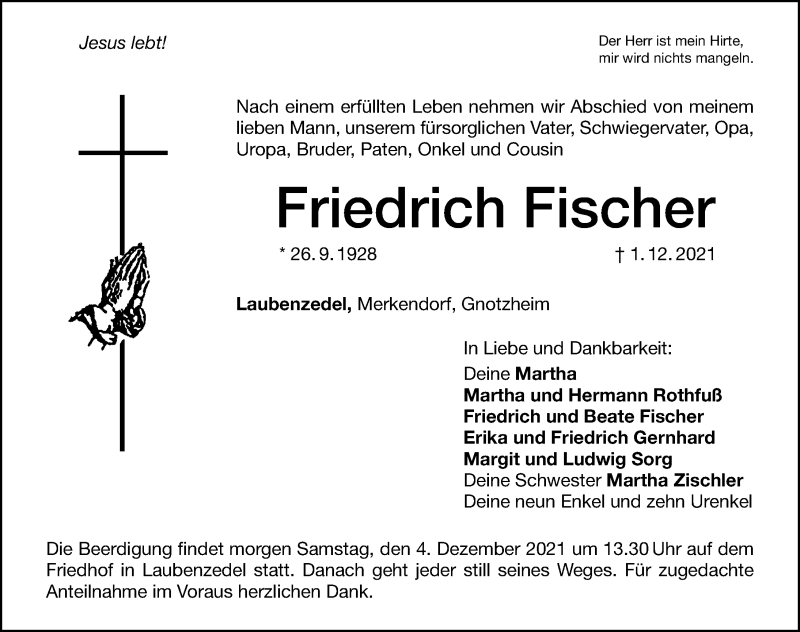  Traueranzeige für Friedrich Fischer vom 03.12.2021 aus Altmühl-Bote Lokal