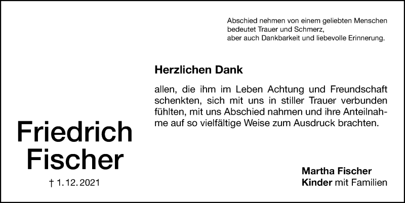  Traueranzeige für Friedrich Fischer vom 28.12.2021 aus Altmühl-Bote Lokal