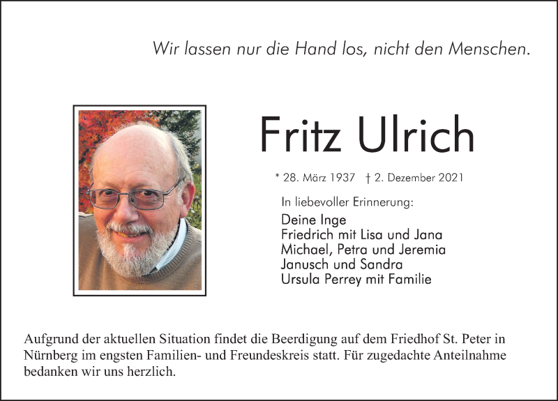  Traueranzeige für Fritz Ulrich vom 04.12.2021 aus Gesamtausgabe Nürnberger Nachrichten/ Nürnberger Ztg./ Fürther Nachrichten