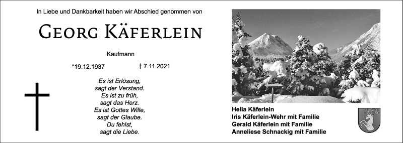  Traueranzeige für Georg Käferlein vom 11.12.2021 aus Gesamtausgabe Nürnberger Nachrichten/ Nürnberger Ztg.