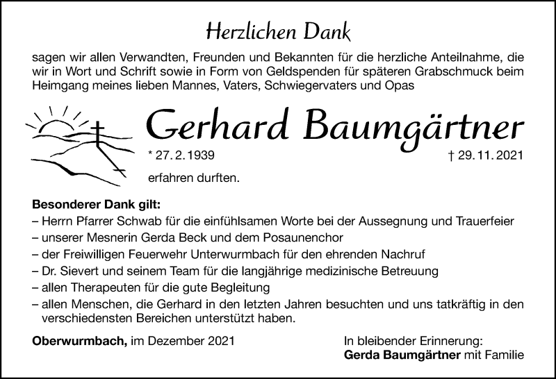  Traueranzeige für Gerhard Baumgärtner vom 18.12.2021 aus Altmühl-Bote Lokal