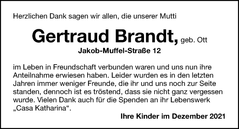  Traueranzeige für Gertraud Brandt vom 17.12.2021 aus Gesamtausgabe Nürnberger Nachrichten/ Nürnberger Ztg.