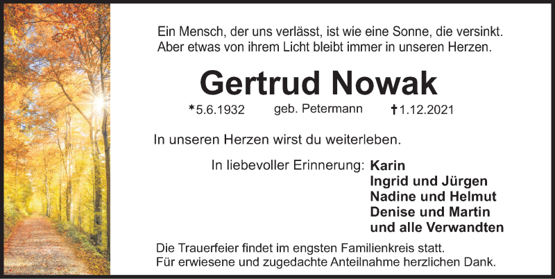  Traueranzeige für Gertrud Nowak vom 04.12.2021 aus Nordbayerische Nachrichten Herzogenaurach Lokal