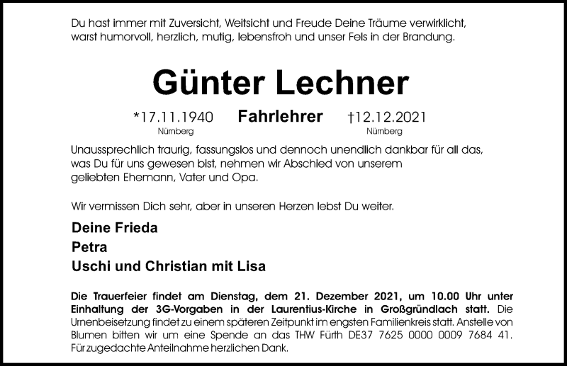  Traueranzeige für Günter Lechner vom 18.12.2021 aus Gesamtausgabe Nürnberger Nachrichten/ Nürnberger Ztg./ Fürther Nachrichten