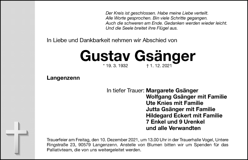  Traueranzeige für Gustav Gsänger vom 04.12.2021 aus Fürther Nachrichten Lokal