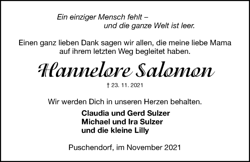  Traueranzeige für Hannelore Salomon vom 11.12.2021 aus Fürther Nachrichten Lokal
