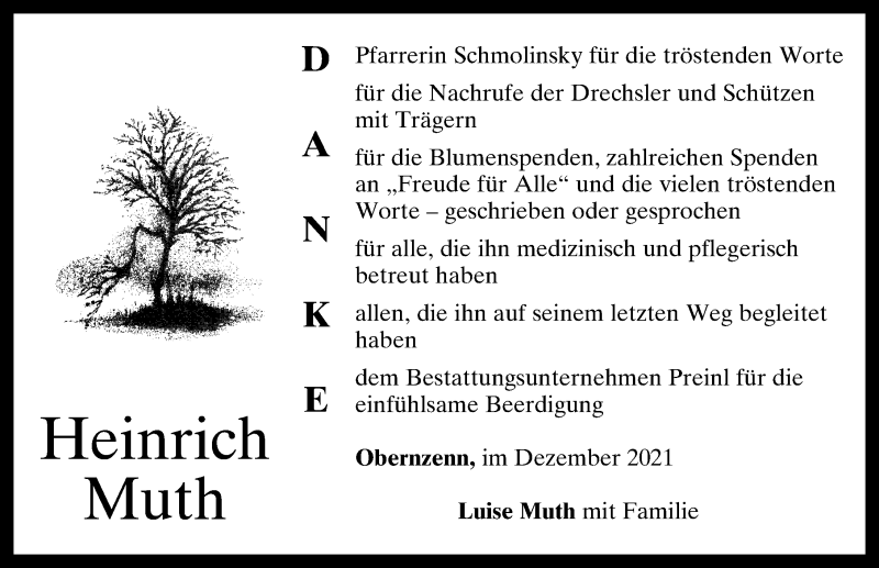  Traueranzeige für Heinrich Muth vom 11.12.2021 aus Windsheimer Zeitung Lokal