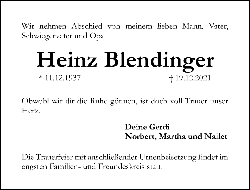  Traueranzeige für Heinz Blendinger vom 24.12.2021 aus Gesamtausgabe Nürnberger Nachrichten/ Nürnberger Ztg.